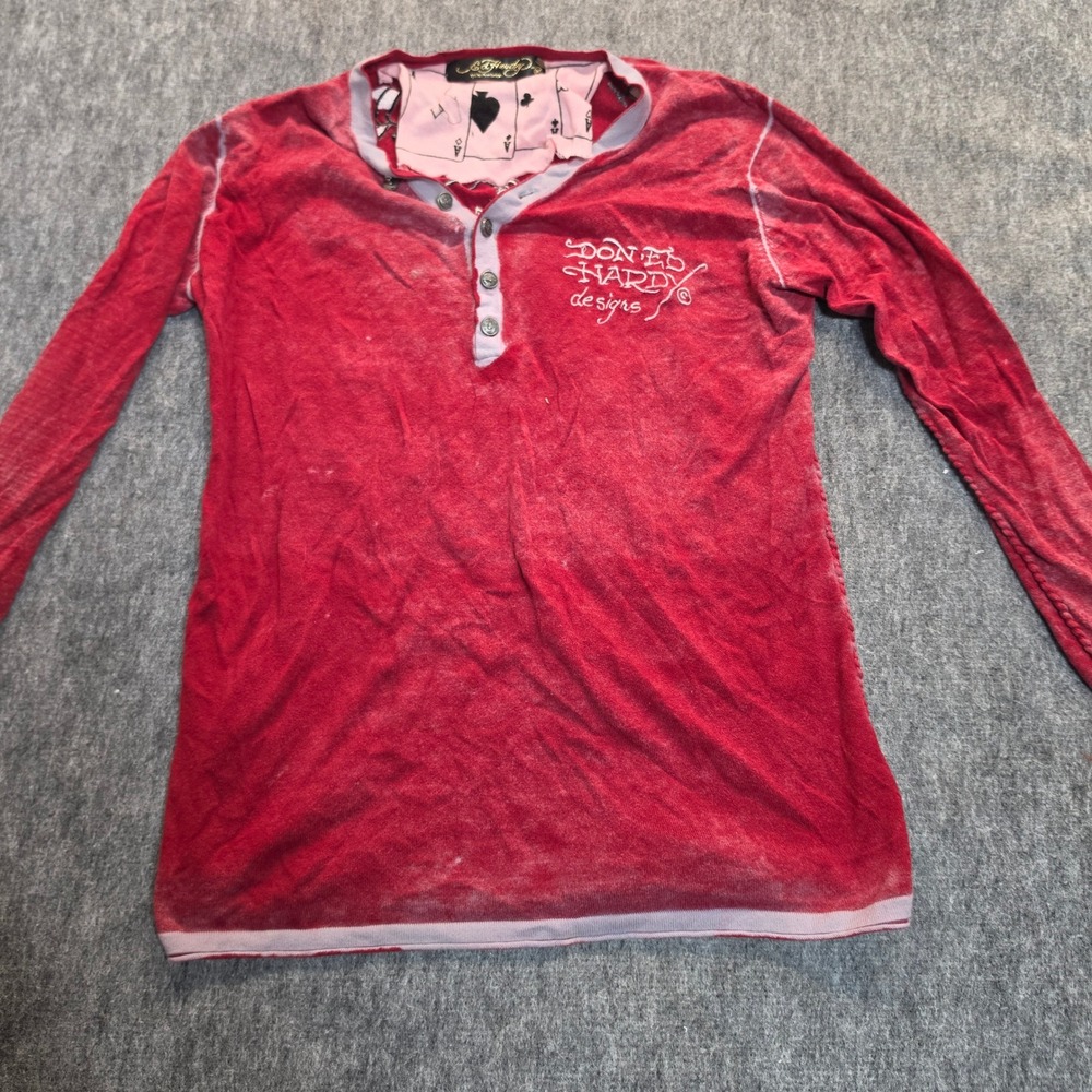 Ed Hardy Christian Audigier Mens Red Acid Wash Skull Embroidery Henley Shirt M